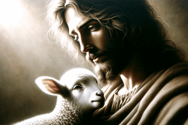 Jesus holding a lamb in his arm as a father holding son