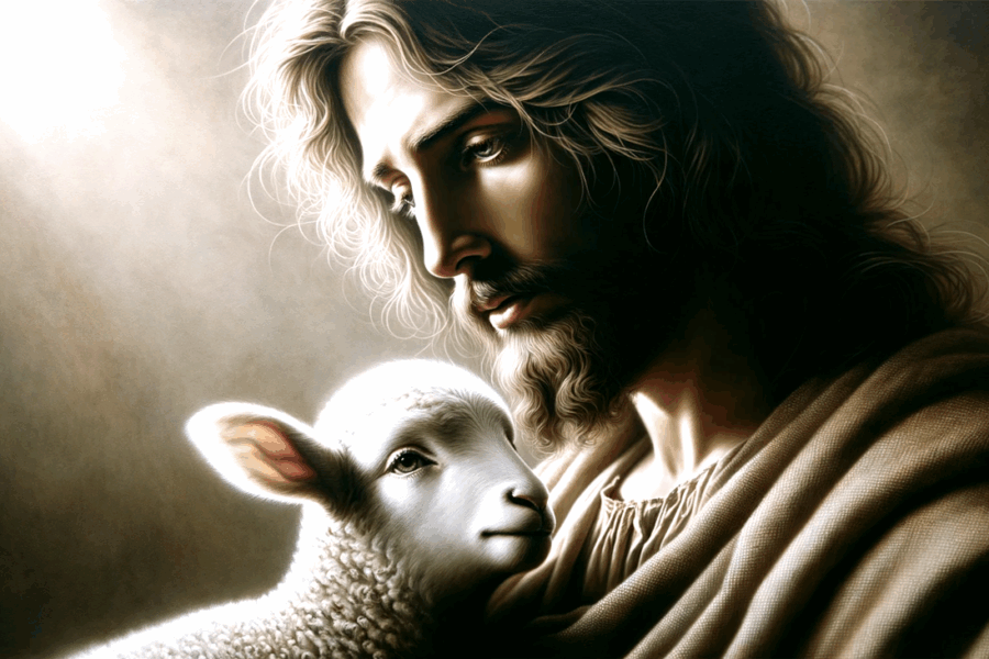 Jesus holding a lamb in his arm as a father holding son