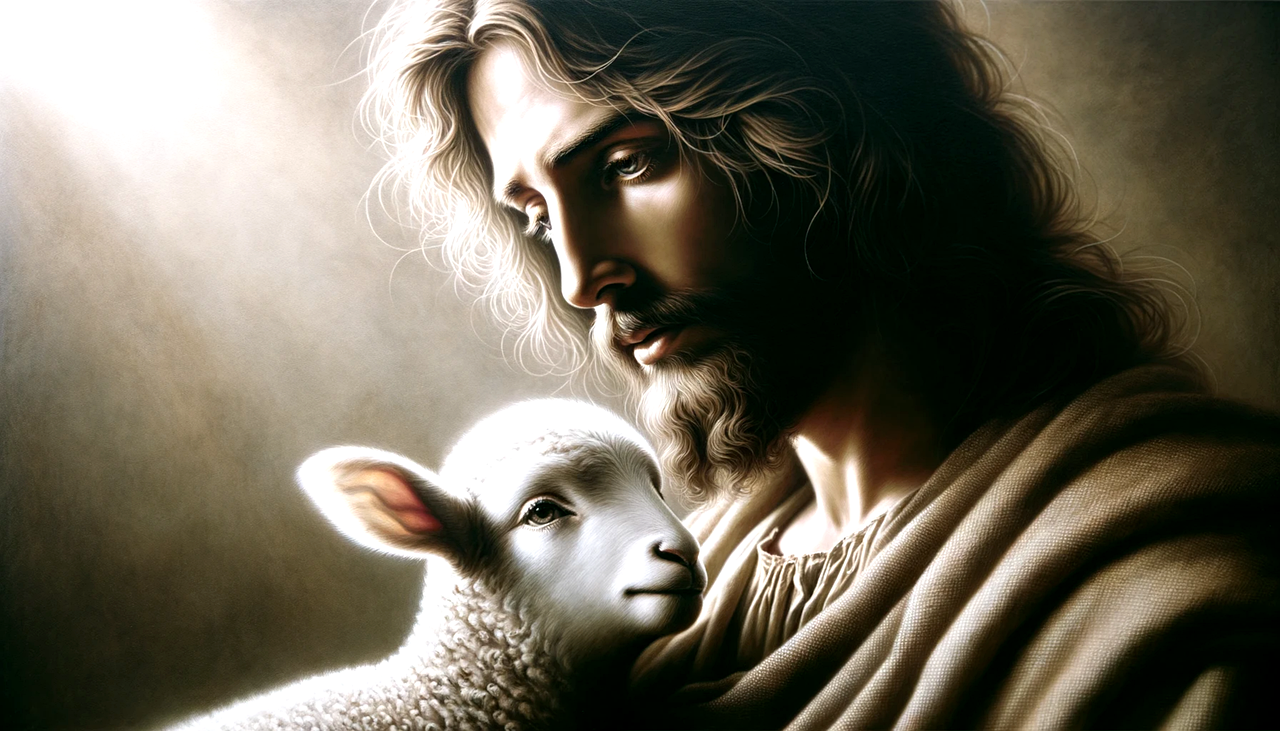 Jesus holding a lamb in his arm as a father holding son
