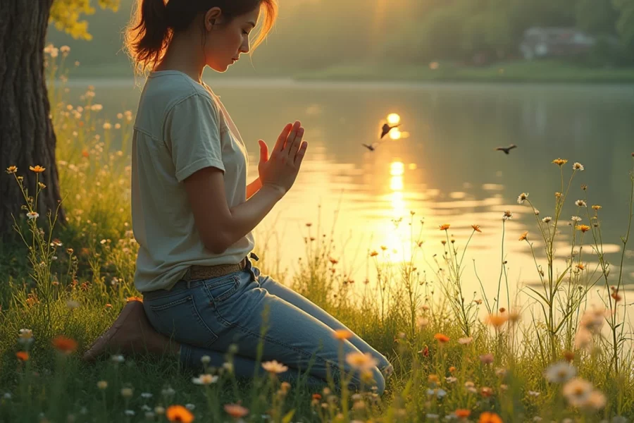 woman praying in forest