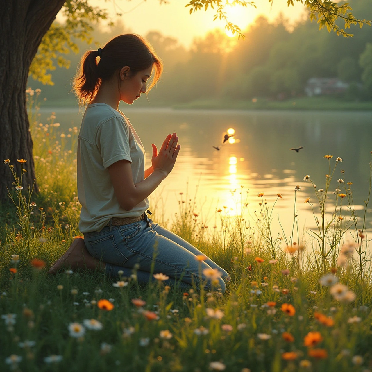 woman praying in forest