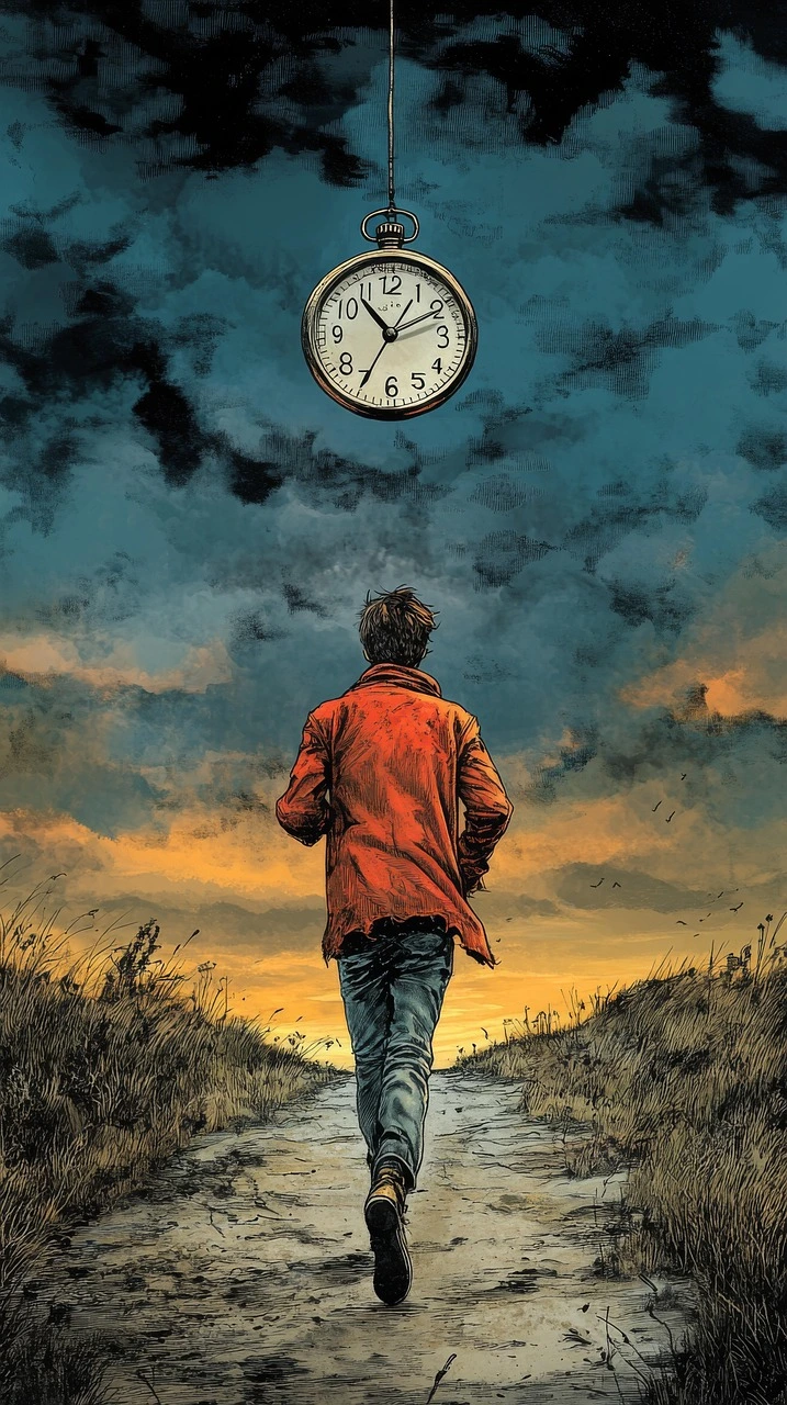 man and clock being fixed in time