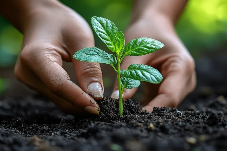 seed in the ground with hands around the soil